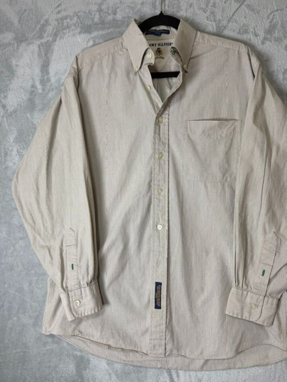 VINTAGE TOMMY HILFIGER Button Up Shirt Mens 15 32 Beige Stripe Cotton 90s